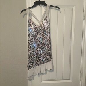 Woman's Ice Figure Skating Baton Twirling Dress White Cross Back Sequin Costume